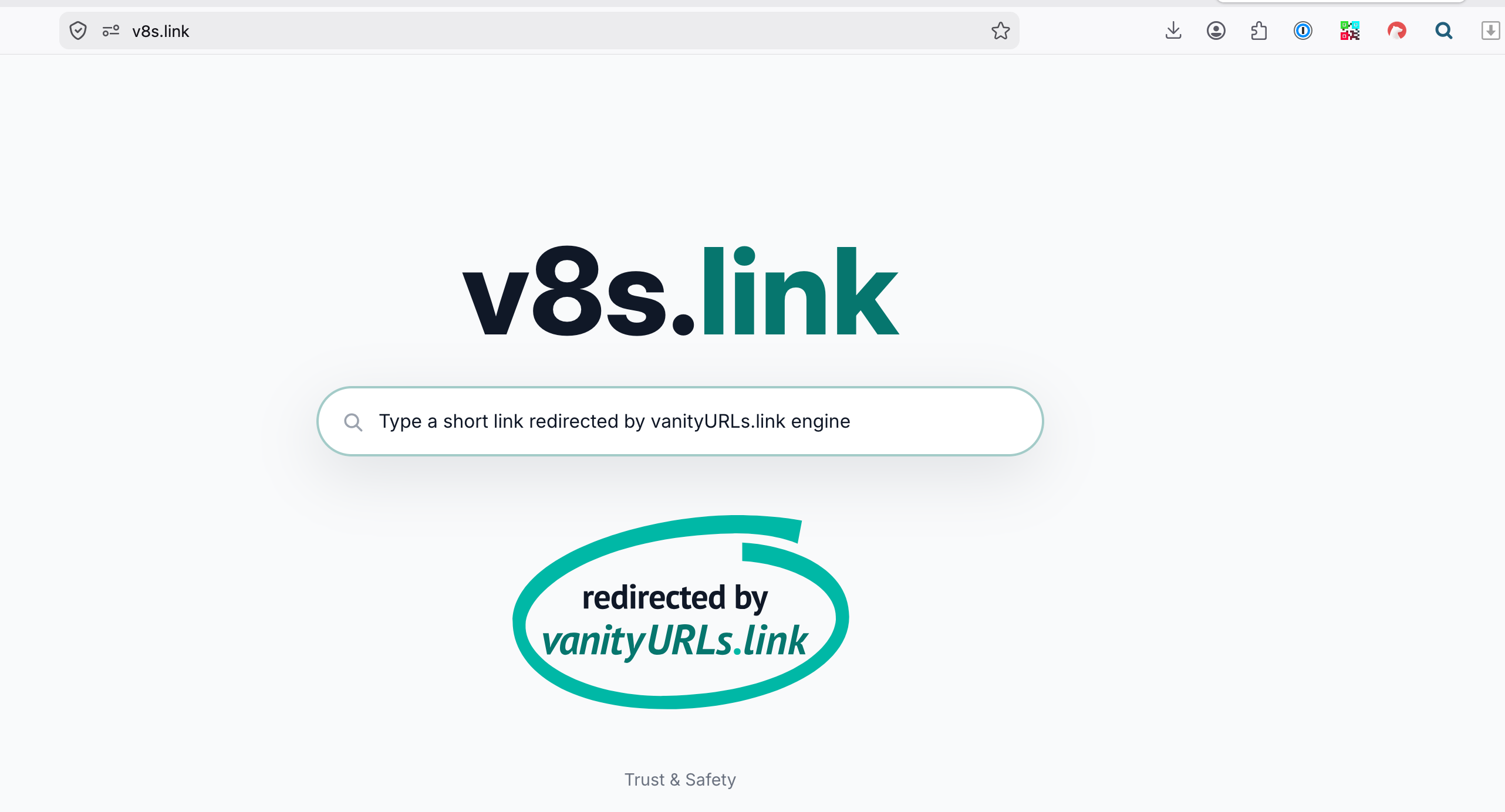 Page d’accueil v8s.link avec wordmark bicolore, champ de recherche et badge redirected by vanityURLs.link