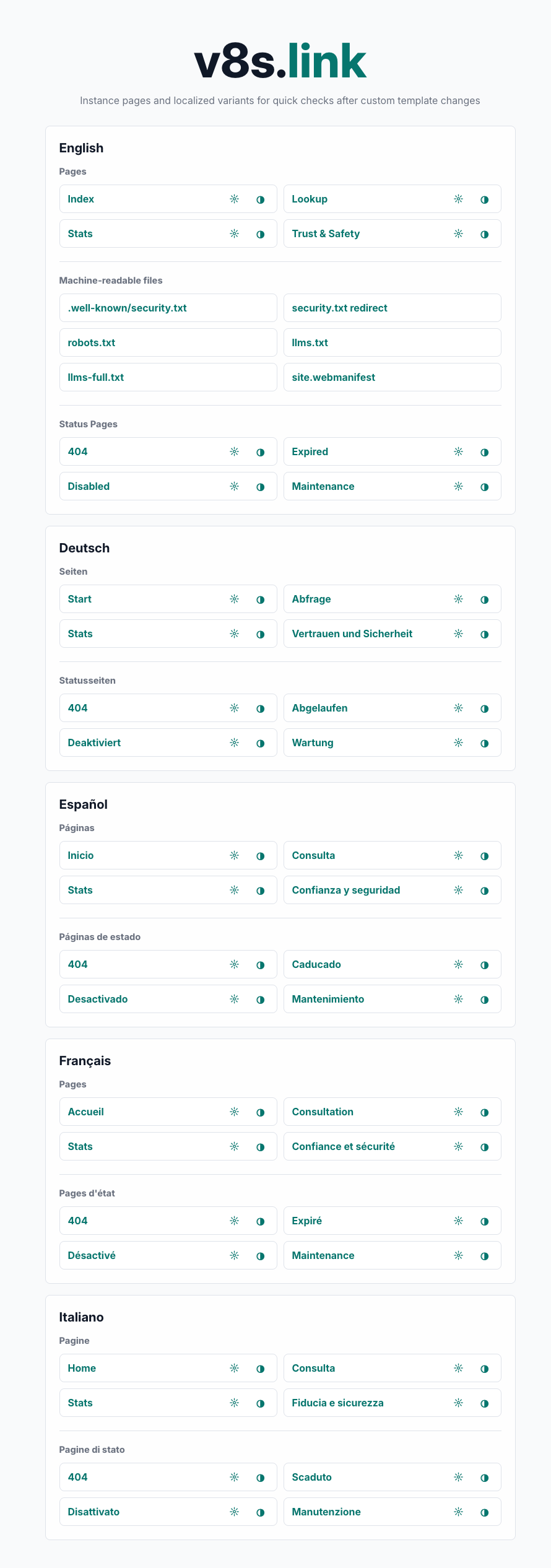 Protected vanityURLs test matrix showing page and status checks for a short-link instance